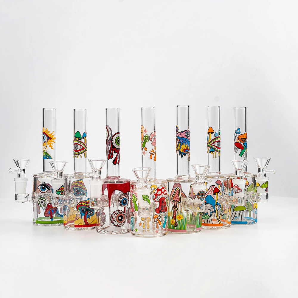 Trippy Mushroom & Eye Print Straight Borosilicate Glass Bong Set
