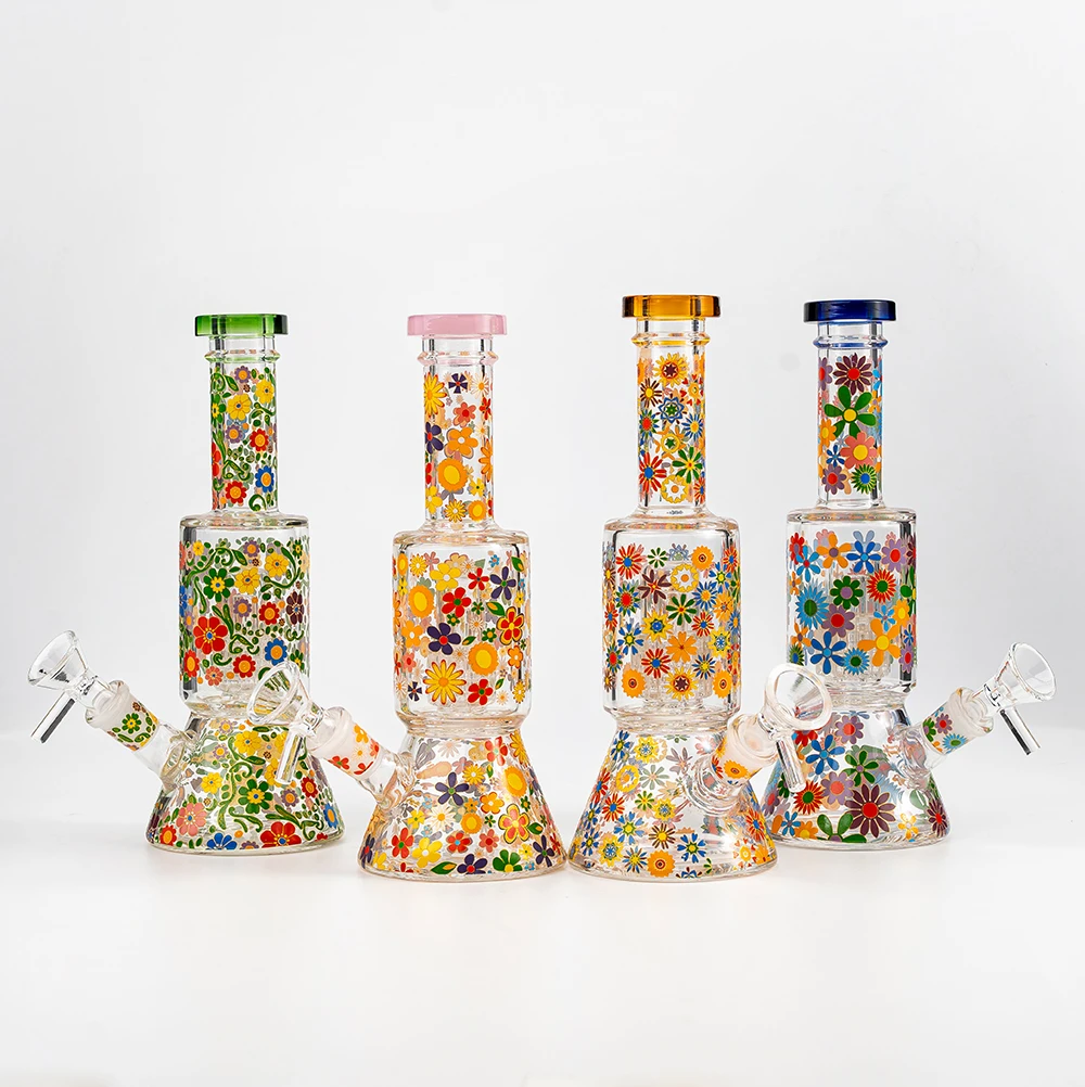 Retro Floral Print Beaker Style Borosilicate Glass Bong Set