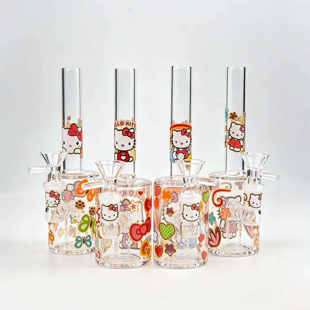 Cute Hello Kitty Printed Straight Tube Borosilicate Glass Bong Set