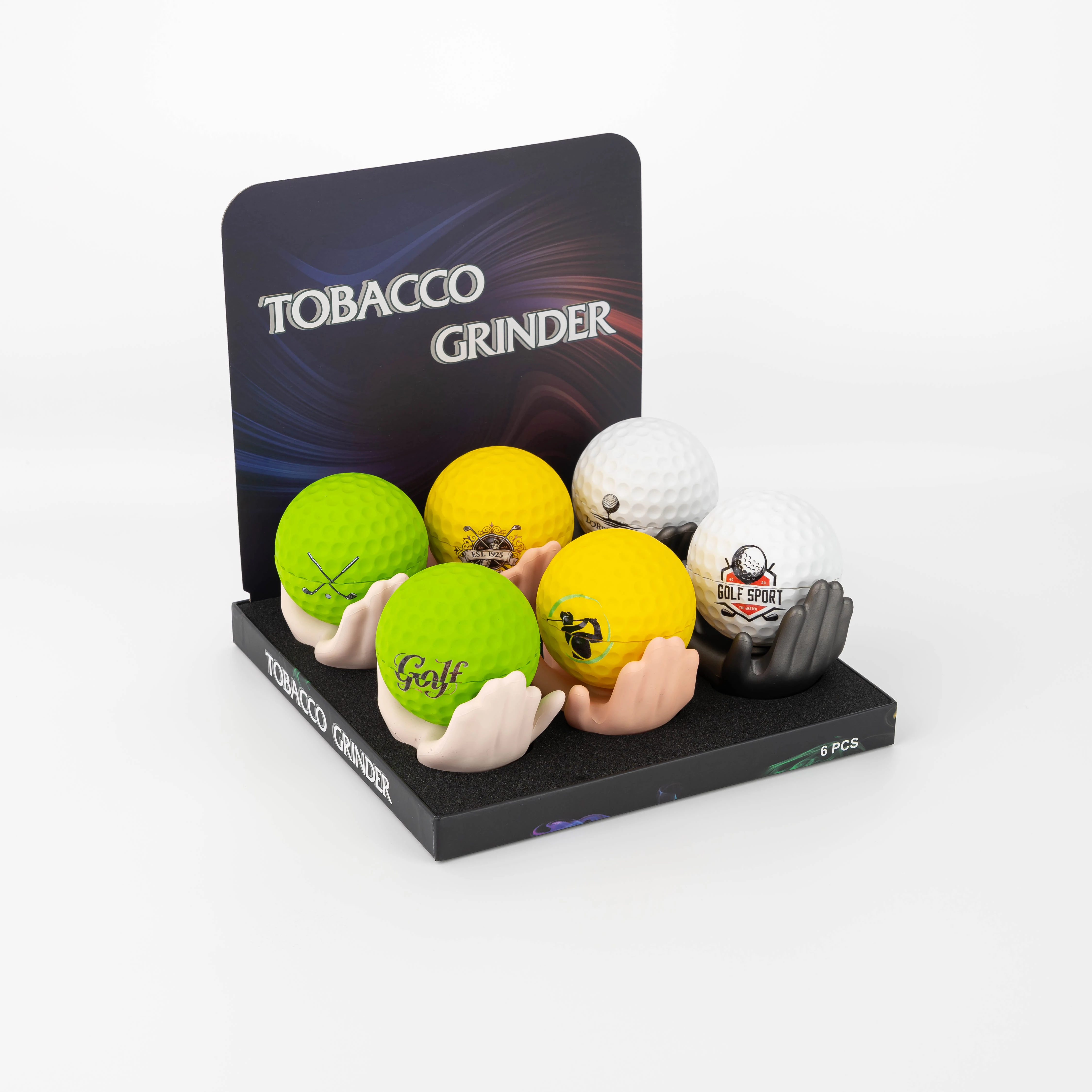 Golf Ball Zinc Alloy Herb Grinder with Hand‑Shaped Display Stand
